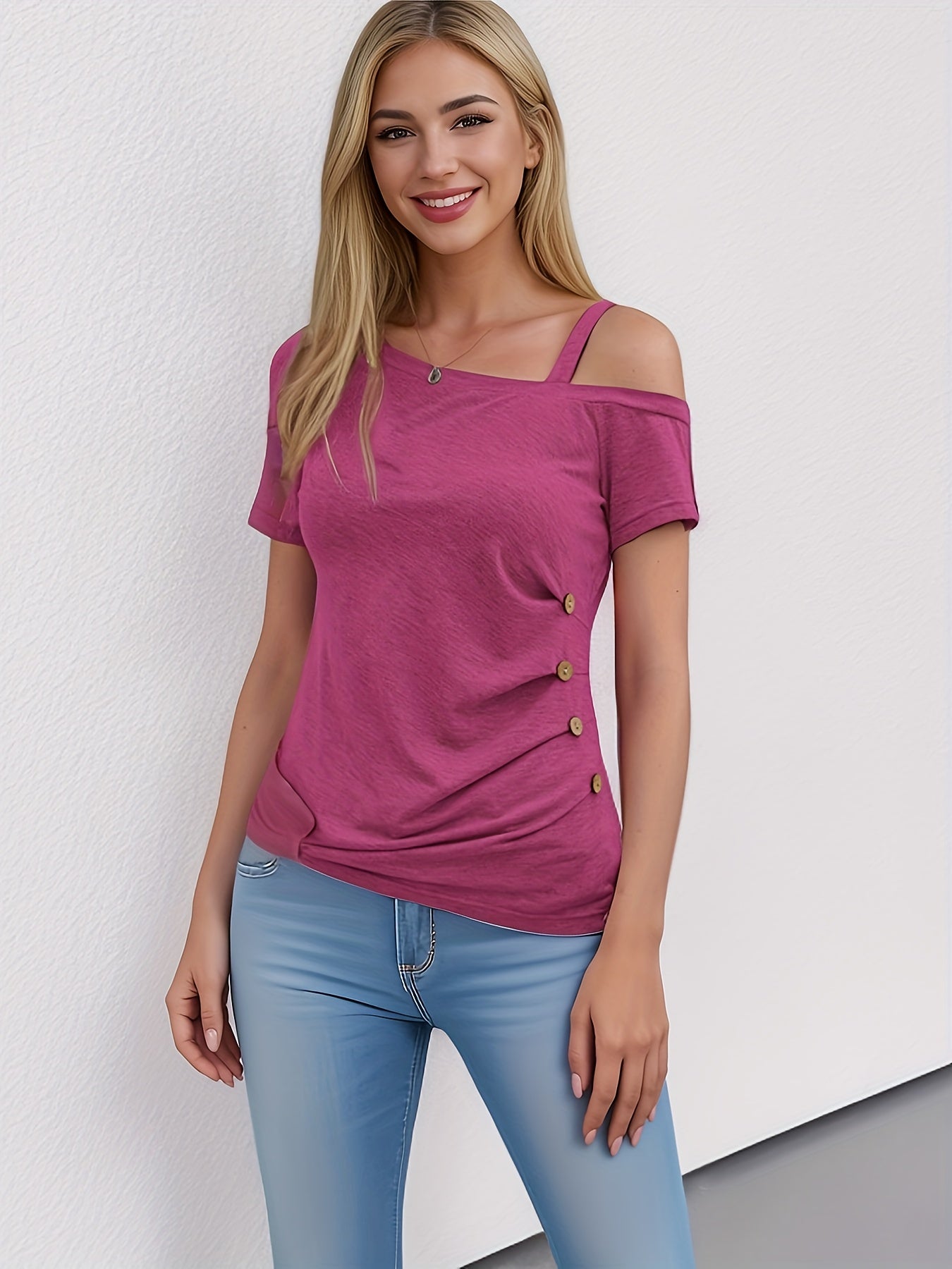 Cold Shoulder Asymmetrical Neck T-shirt, Sexy Button Decor Side Ruched Short Sleeve Casual Top For Summer & Spring, Women's Clothing