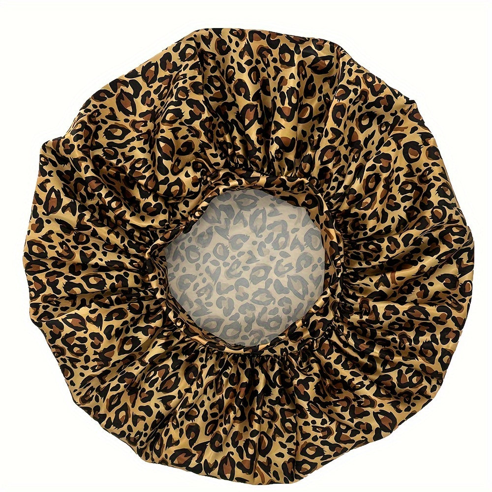 ZTZI Leopard Print Silk Bonnet for Women - Soft, Curl-Enhancing Sleep Cap with Wide Elastic Band, Unscented, Ideal for Dry & Textured Hair