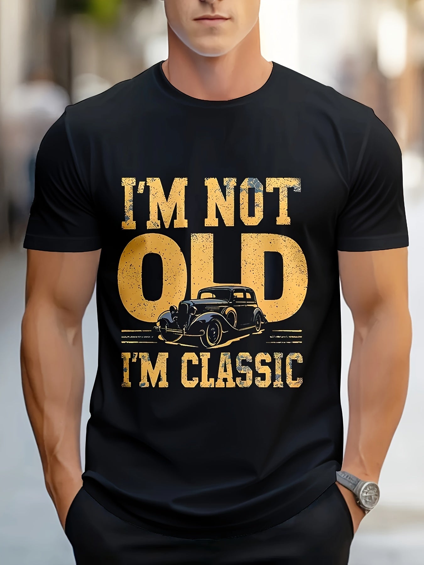 Men's Casual Novelty T-Shirt, Polyester, Geometric Pattern, Regular Fit, Crew Neck, Stretch Fabric, Vintage Car Design, Classic Style Tee