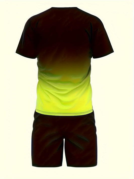 Men's Outfit, Gradient Color King Pattern Casual Crew Neck Short Sleeve T-Shirt & Drawstring Shorts 2-piece Set For Summer Outdoor Activities