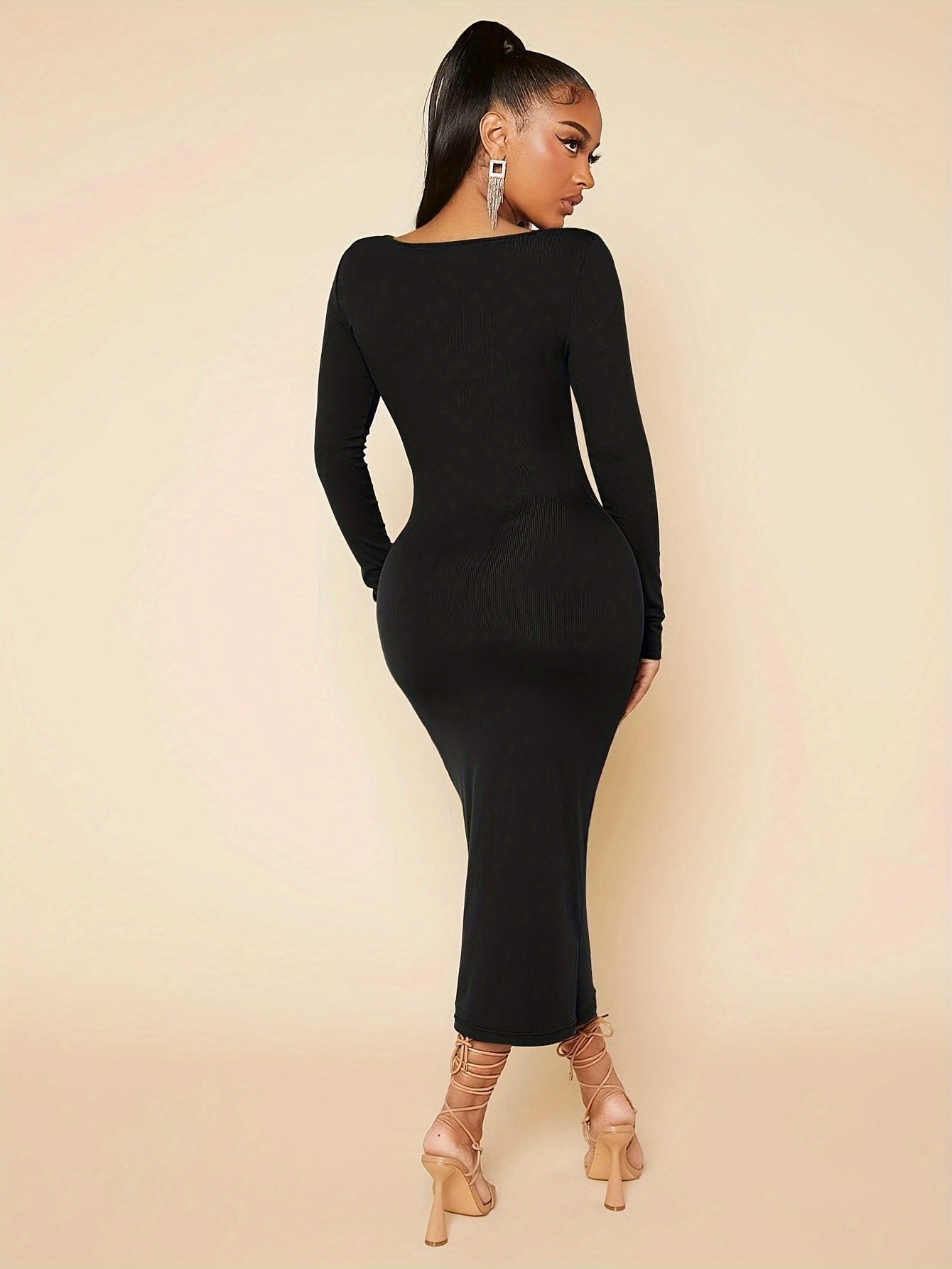 Solid Square Neck Dress, Elegant Long Sleeve Bodycon Dress, Women's Clothing