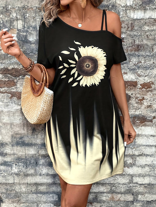 Cold Shoulder Sunflower Print Loose Dress, Chic Asymmetrical Neck Colorblock Dress For Spring & Summer, Women's Clothing