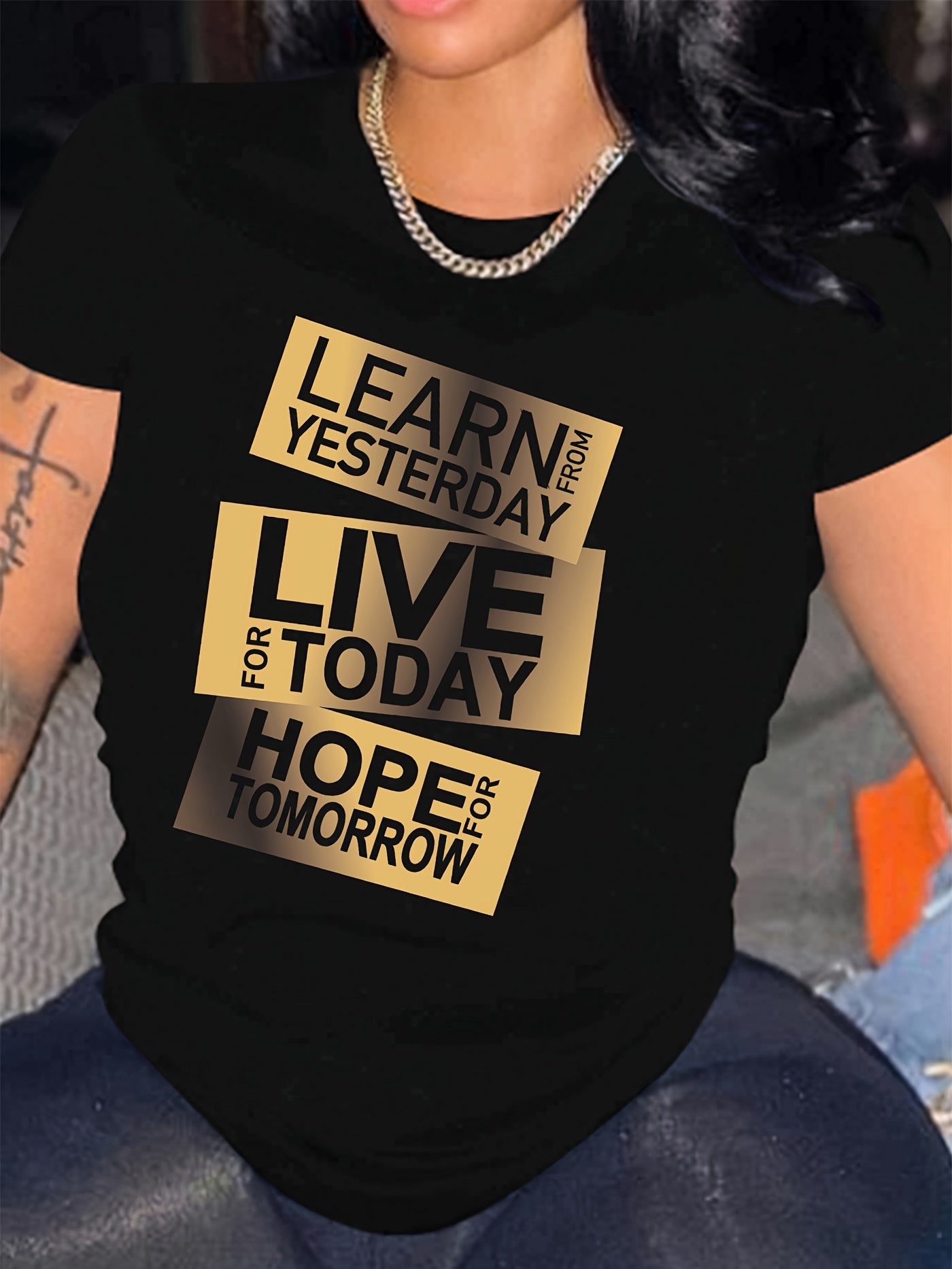 Letter Print T-shirt, Short Sleeve Crew Neck Casual Top For Summer & Spring, Women's Clothing