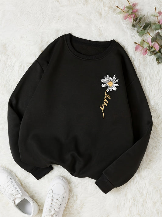 Daisy Print Pullover Sweatshirt, Casual Long Sleeve Crew Neck Sweatshirt For Fall & Winter, Women's Clothing