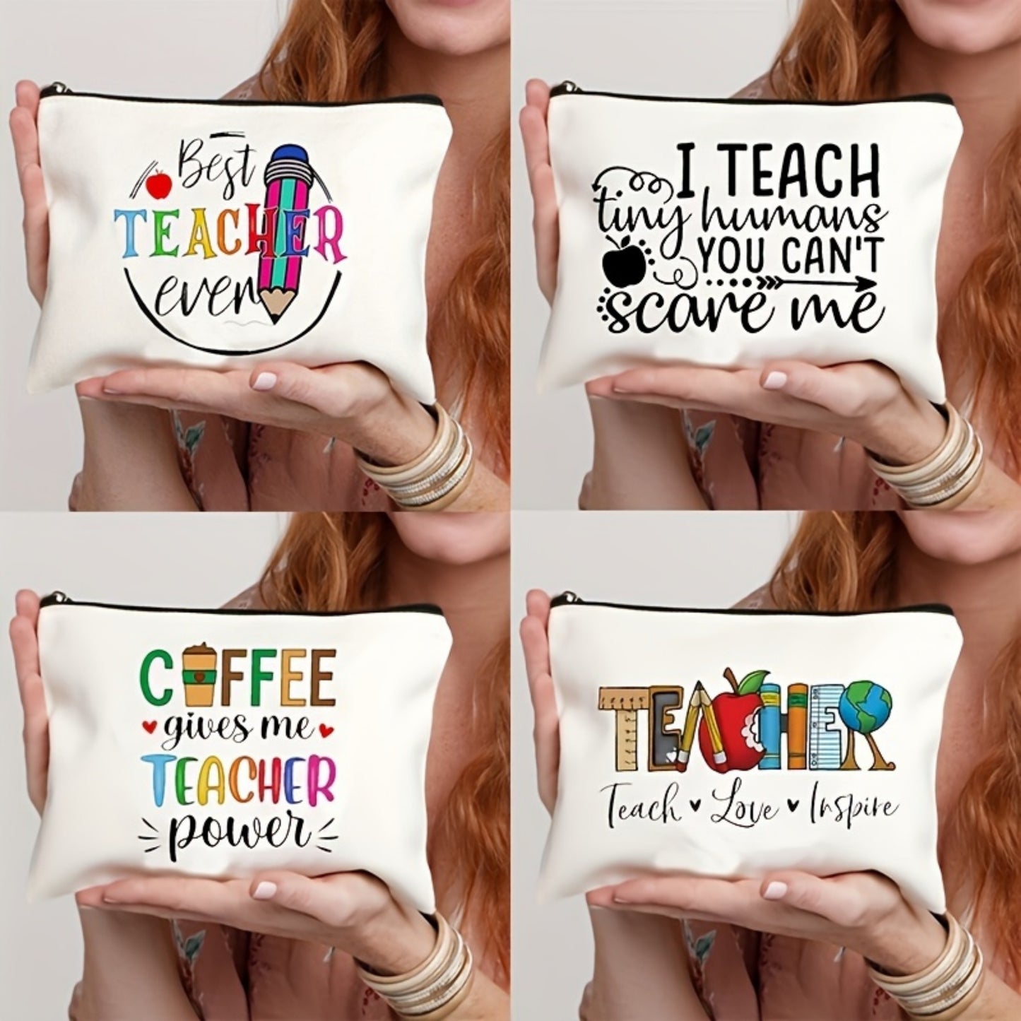 Teacher-Themed Canvas Tote Bag - Versatile Makeup, Pencil & Coin Purse with Zipper - Perfect for Travel, Shopping & Gifts