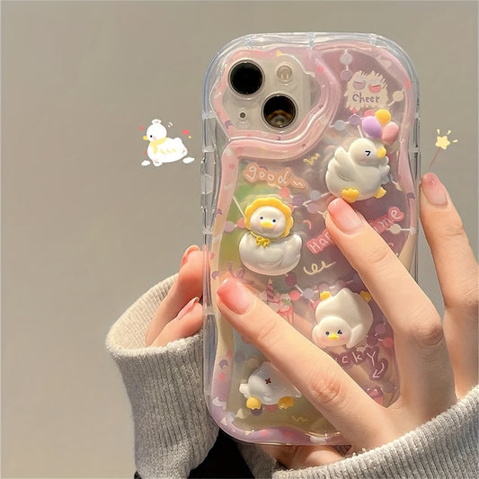 Cute 3D Cartoon Duck Cake Gradient Wave Border Silicone Soft Case For IPhone 15 14 Pro Max 13 12 11 15Plus Shockproof Back Cover