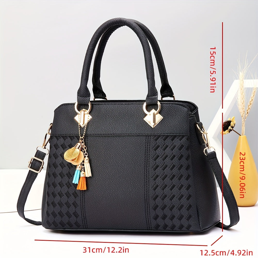 Elegant Women's Tote Bag, Large Capacity, PU Leather, No Print, Grid Pattern, Zip Closure, Removable Shoulder Strap, Faux Leather Trim, Handbag for Commuting, Casual Carry, Women's Fashion Accessory, Not Washable, Taizhou Origin