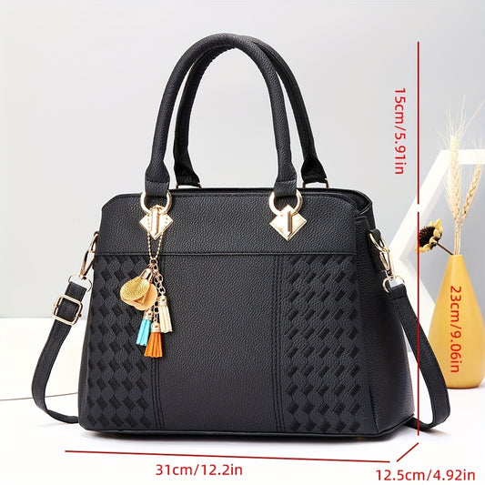 Elegant Women's Tote Bag, Large Capacity, PU Leather, No Print, Grid Pattern, Zip Closure, Removable Shoulder Strap, Faux Leather Trim, Handbag for Commuting, Casual Carry, Women's Fashion Accessory, Not Washable, Taizhou Origin