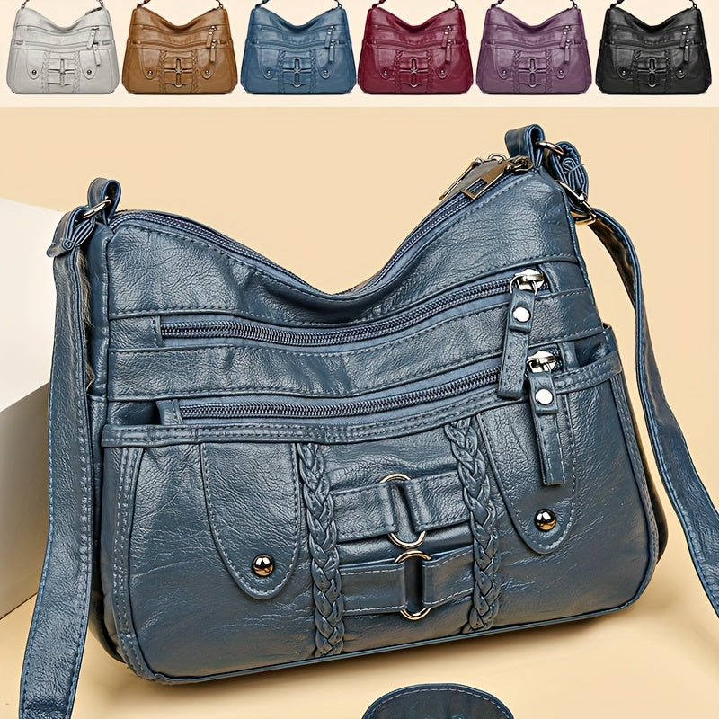 Retro Rivet Decor Crossbody Bag, Soft PU Leather Shoulder Bag, Women's Multi Zipper Messenger Bag