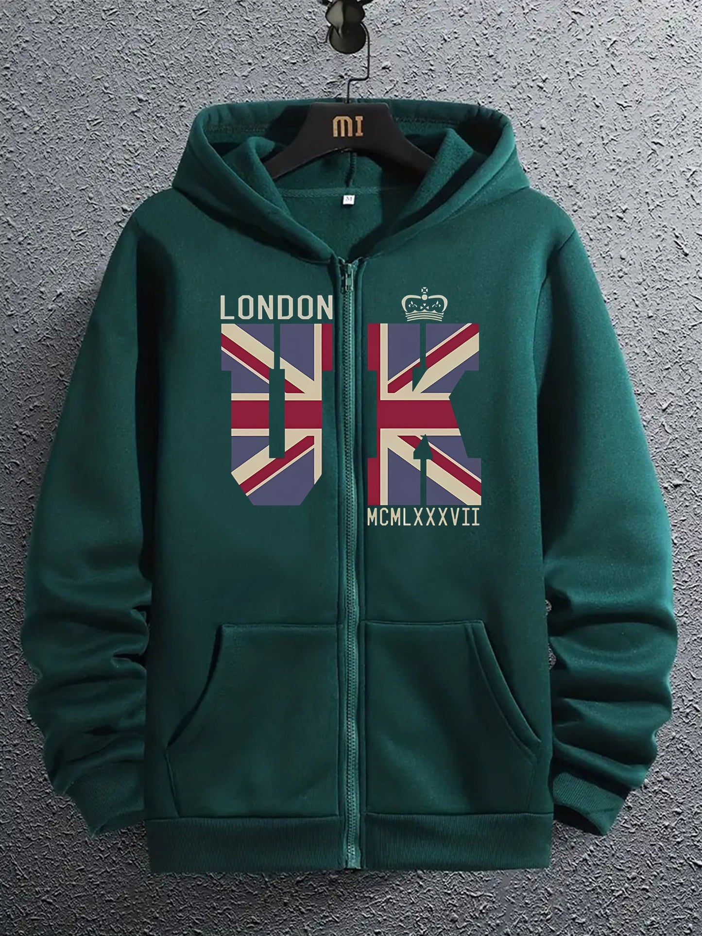 London Union Jack Alphabet Print Zip-Up Hoodie with Kangaroo Pocket - Casual Long Sleeve Hooded Sweatshirt for Men, Polyester Knit, Slight Stretch, Regular Fit - All Season Fashion Top