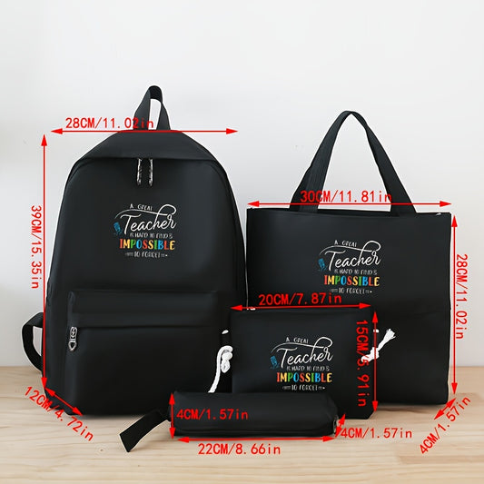 Casual Women's Backpack Set with Applique - Oxford Fabric Black Lightweight Bag, Removable Strap, Zipper Closure, Polyester Lined, Unique Teacher Print Design - Baigou Origin