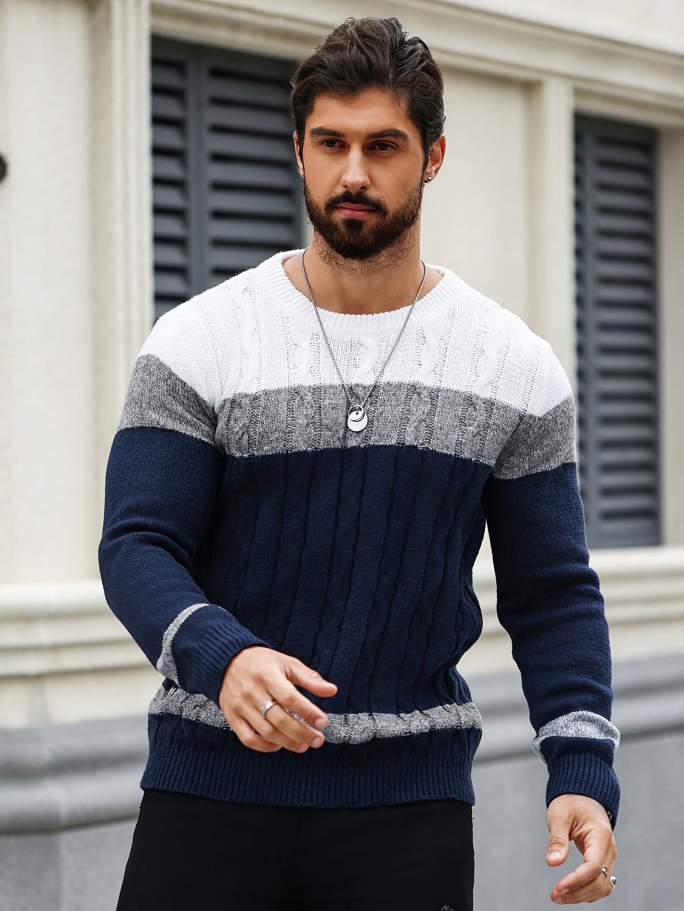 Men's Color Blocking Textured Knit Sweater For Autumn And Winter, Casual Business Trendy Pullover As Gift, Outdoor Cloth