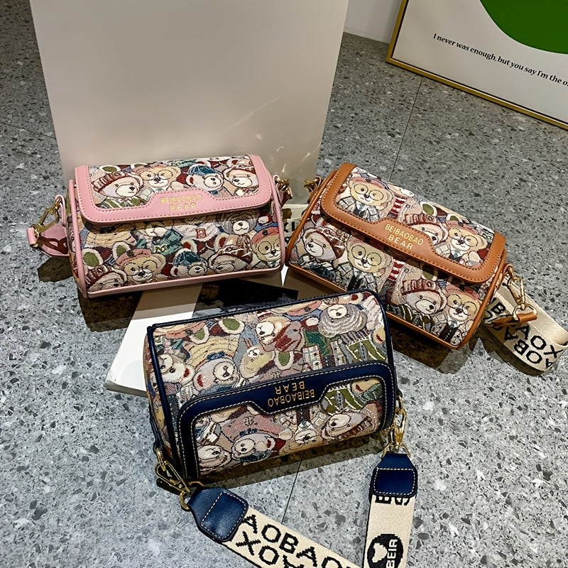 Small Bear Jacquard Shoulder Bag, Cartoon Flap Cylinder Purse, Women's Wide Strap Crossbody Bag (8.66*5.51*4.33) Inch