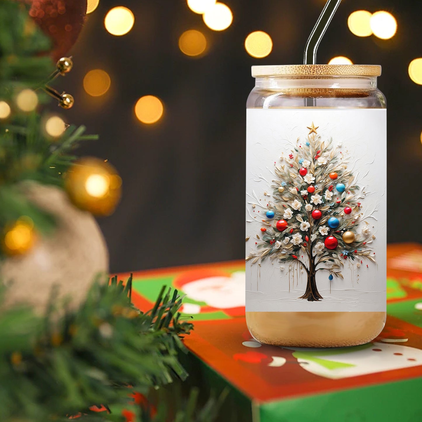 16oz Festive Glass Tumbler with Lid & Straw - UV Printed Tree & Flowers Design, Perfect for Christmas & Holiday Gifts, Ideal for Iced Coffee & Soda