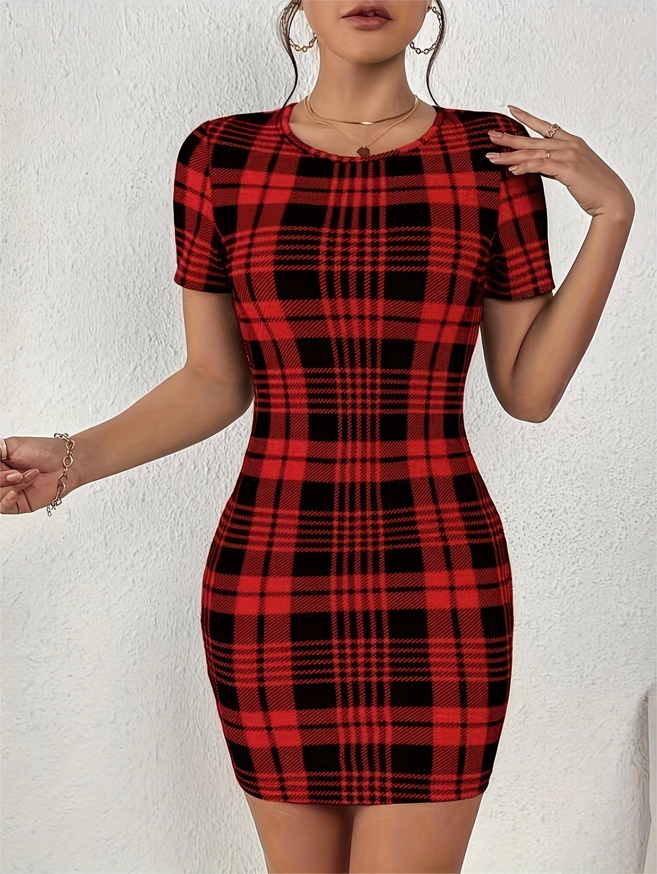 Plaid Pattern Bodycon Mini Dress, Elegant Crew Neck Short Sleeve Skinny Dress For Spring & Summer, Women's Clothing