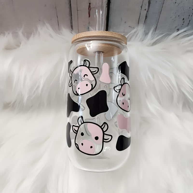 Cow Print 550ml Glass Tumbler Set with Lid, Straw & Cleaning Brush - Reusable, Sustainable Drinking Cup for Coffee, Milk, Beer, Juice - Ideal for Home, Office, Outdoor Use