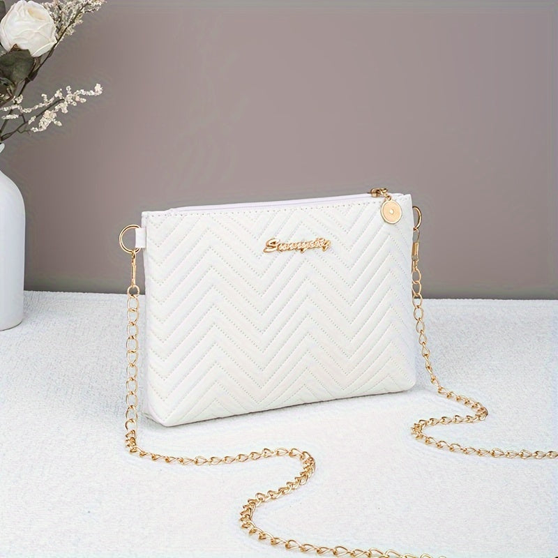 Chic Striped Women's Clutch with Chain Strap - Versatile Crossbody Bag, Faux Leather, Zip Closure - Available in Black/White