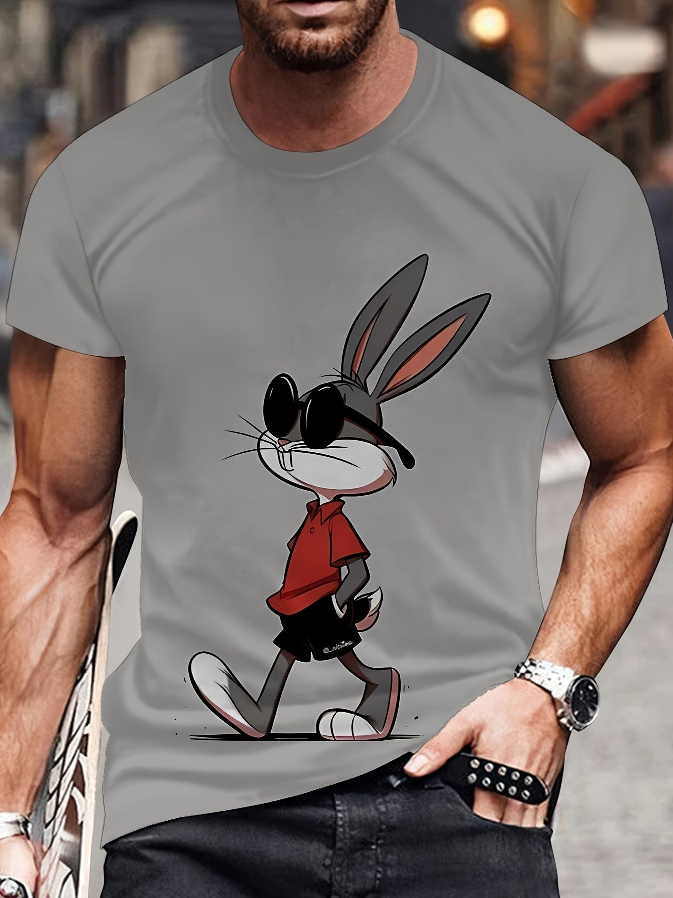 Men's Fashion 3D Rabbit Print T-Shirt, Summer Casual Comfort Tee, Short Sleeve Top for Daily Activities, Polyester, Round Neck, Stretch Fabric, Printed, Regular Fit, Knit Construction