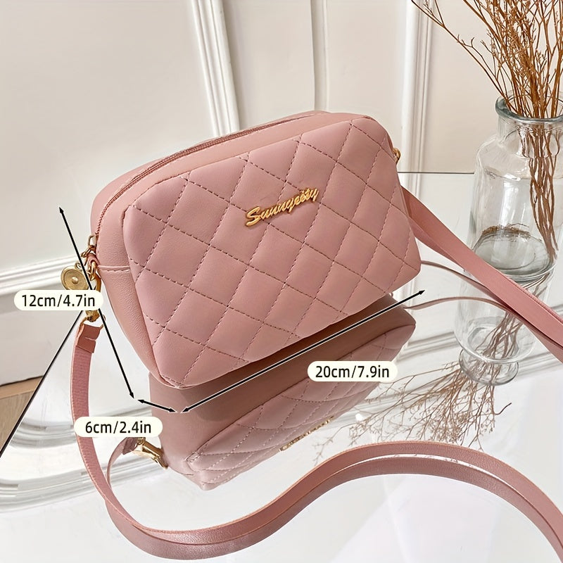 #228 Embroidery# Diamond Quilted Zipper Square Bag, Metal Letter Decoration Shoulder Bag, Fashionable Women'S Messenger Bag, Camera Leisure (20*6*12) Cm