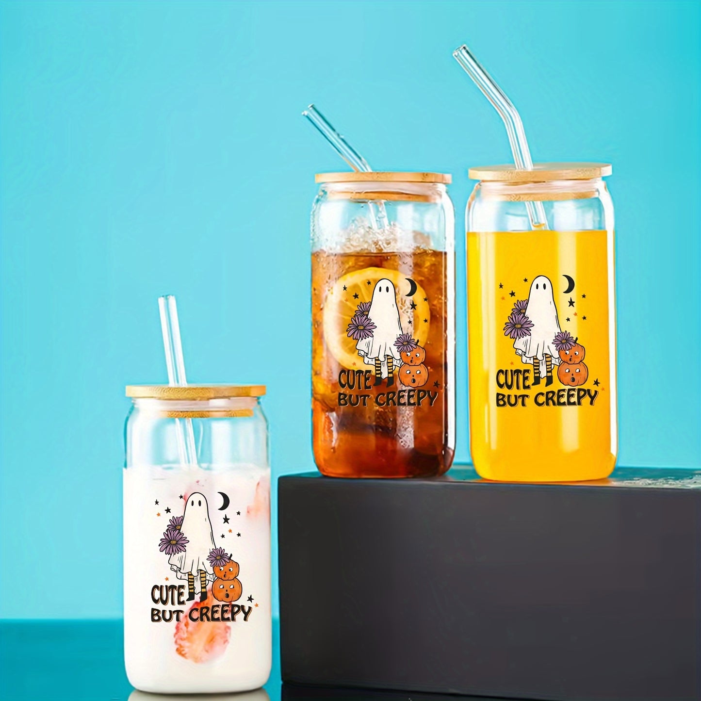 Cute But Creepy 16oz Glass Tumbler with Bamboo Lid & Straw - UV-Printed, Washable, Ideal for Iced Coffee, Juice & Milk - Perfect Gift for Birthdays, Halloween & Christmas