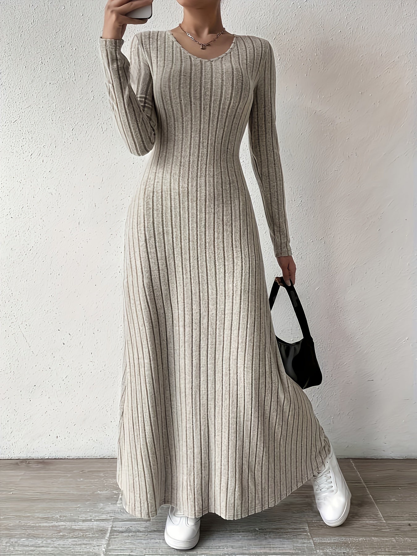 Ribbed Crew Neck Sweater Dress, Elegant Long Sleeve Ankle Dress For Fall ＆ Winter, Women's Clothing