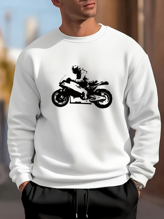 Fashion Rider Silhouette Graphic Print, Men's Fashion Comfy Crew Neck Pullover Sweatshirt For Daily And Outdoor Wear