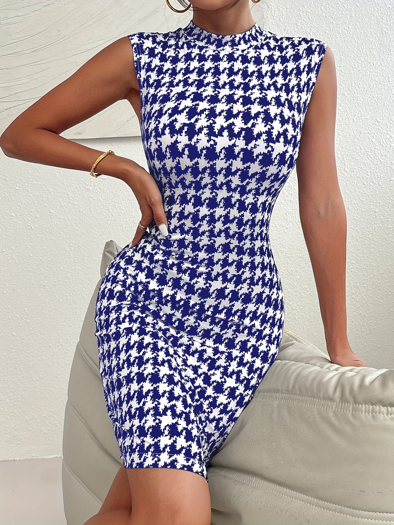 Houndstooth Print Mock Neck Bodycon Dress, Elegant Sleeveless Dress For Spring & Summer, Women's Clothing