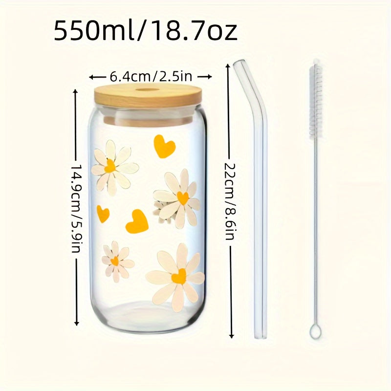 Floral Daisy Glass Water Bottle with Lid, Straw, and Brush - 550ml Leak-Proof Oval Glass Tumbler for Tea, Juice, Milk - Hand Wash Only, Reusable, Lead-Free, Multipurpose, Ideal for Christmas, Halloween, Easter, Hanukkah, Thanksgiving - Gift Set