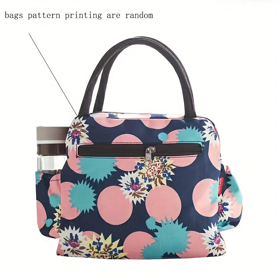 Fashion Floral Oxford Fabric Top-Handle Bag with Multi-Layer Zipper, Waterproof Lunch Bag, Lightweight with Fixed Shoulder Straps and Clutch, Polyester Lined - Guangzhou Large Capacity Portable Bento Bag