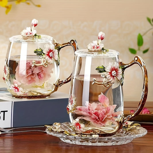 Enamel Floral Glass Tea Cup Set - 320ml/350ml, Reusable & High-Quality, Perfect for Breakfast, Milk, Juice - Ideal Gift for Home, Office, Parties