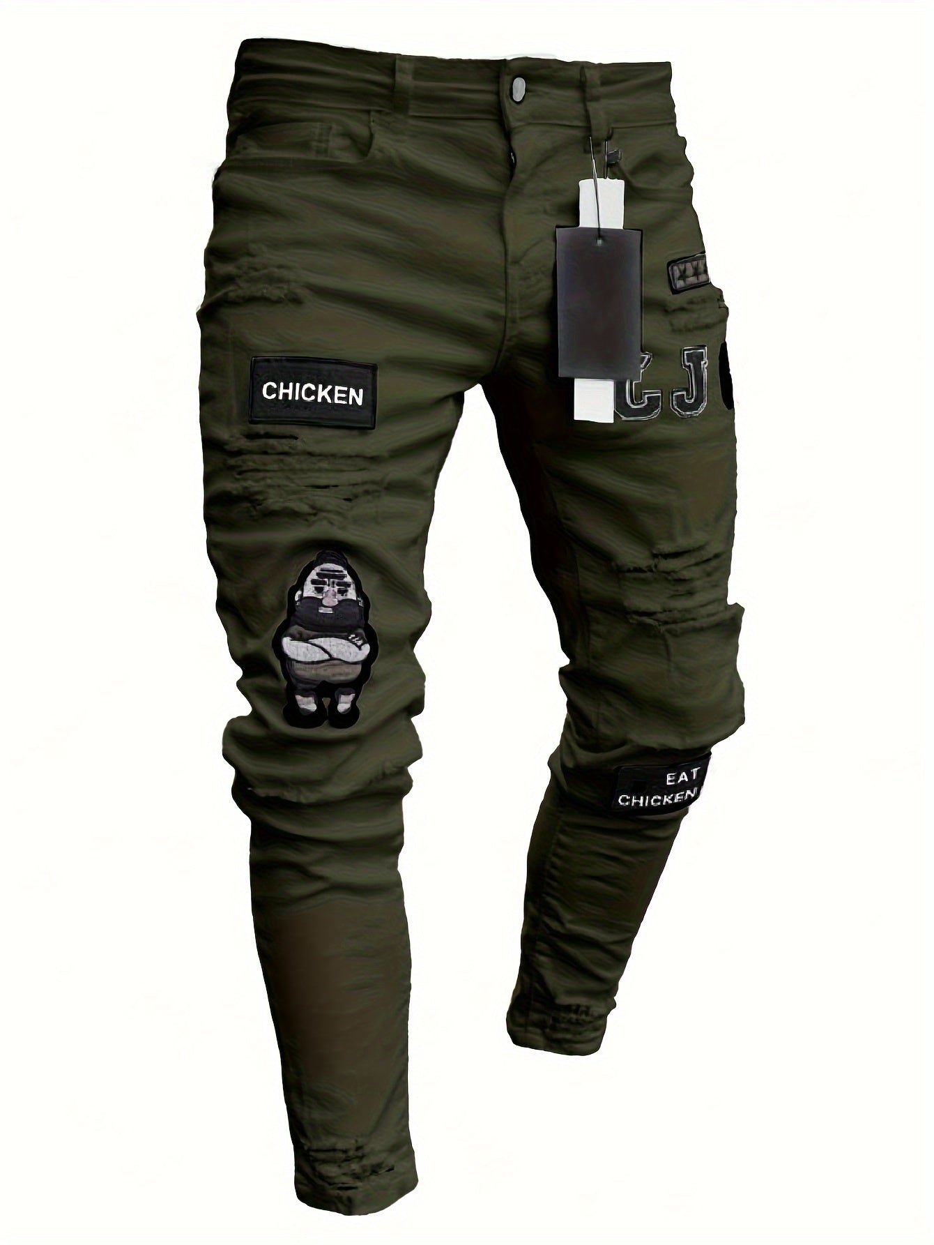 Men's Ripped Skinny Denim Pants With Chicken Letters Print, Outdoor Daily Life, Trend Casual Jeans