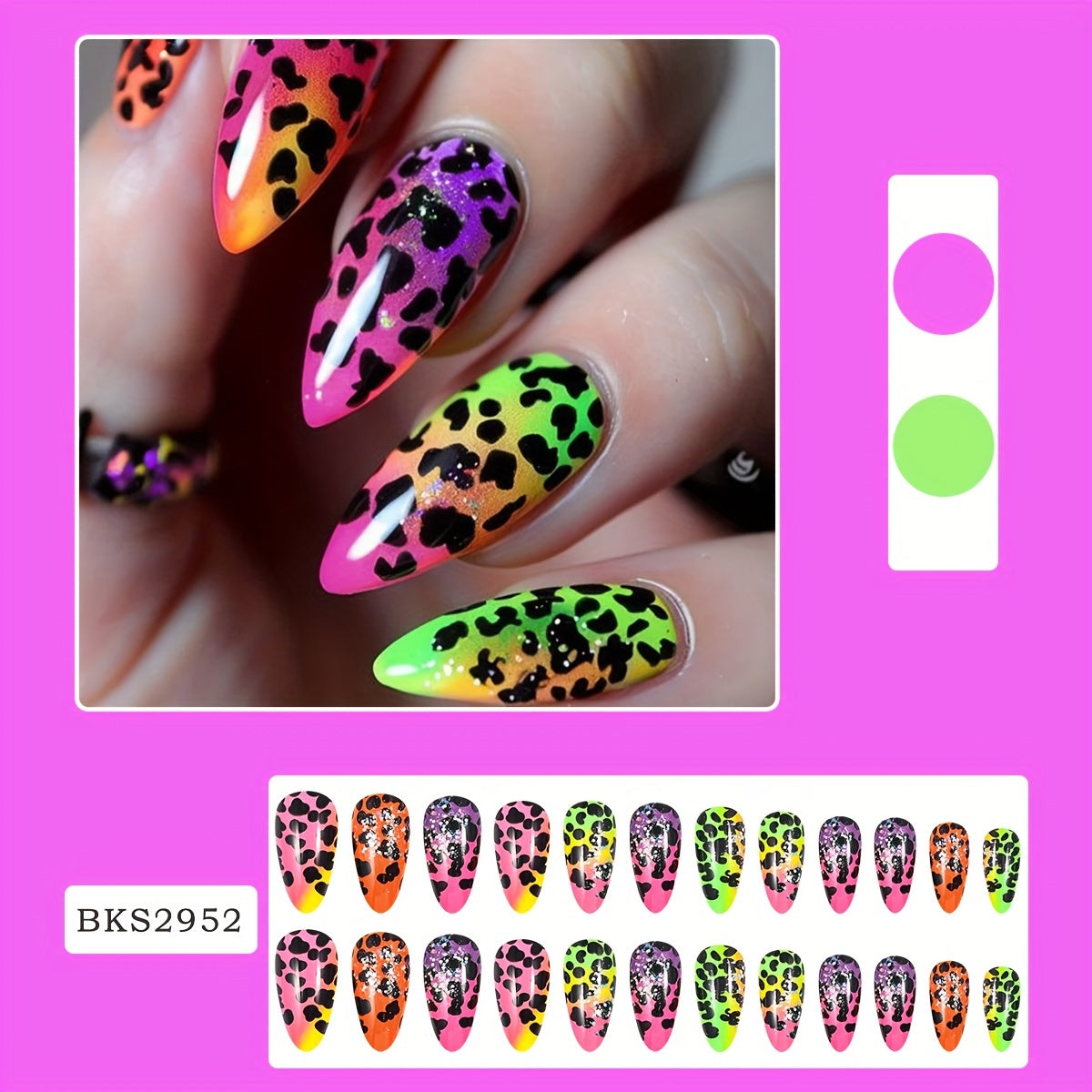 24-Piece Almond Shaped Gradient Leopard Print Press-On Nails with Glitter Finish - Mixed Color System, Medium Length, Glossy Fake Nails Set