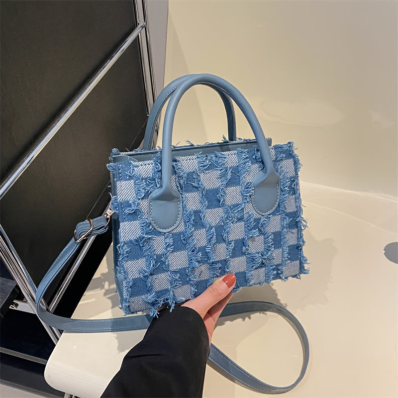 Spacious Carryall, Chic Plaid Canvas Tote Bag for Women - Fashionable Korean-Style Shoulder Handbag with Adjustable Strap, Large Capacity, Zip Closure - Blue/Black