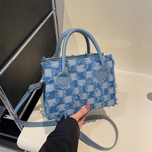 Spacious Carryall, Chic Plaid Canvas Tote Bag for Women - Fashionable Korean-Style Shoulder Handbag with Adjustable Strap, Large Capacity, Zip Closure - Blue/Black