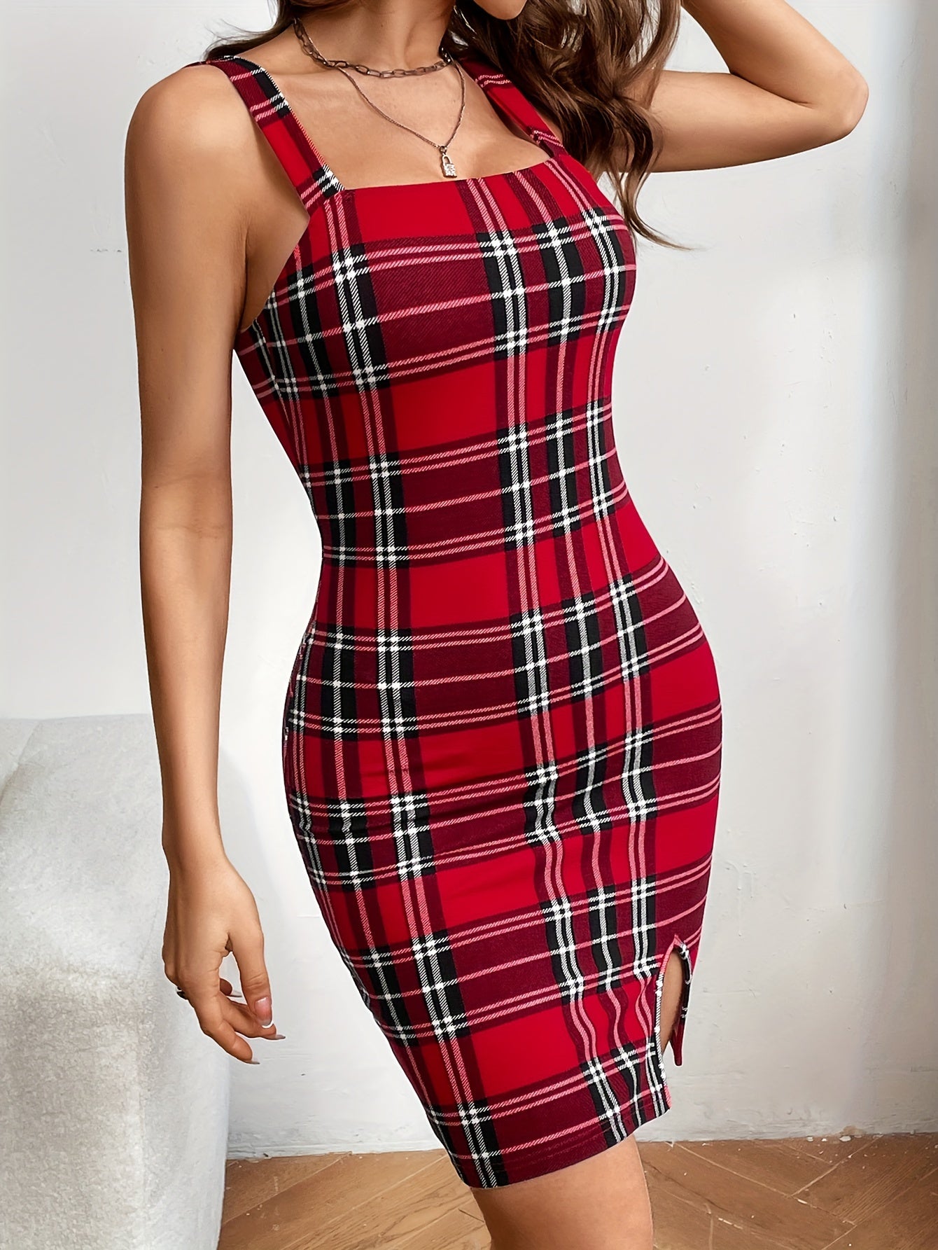 Plaid Print Split Hem Tank Dress, Vintage Sleeveless Dress For Spring & Summer, Women's Clothing