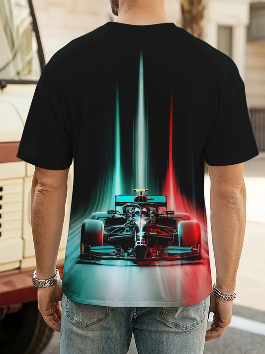 Men's Novelty 3D Race Car Digital Print T-Shirt – Short Sleeve, Polyester, Crew Neck, Regular Fit