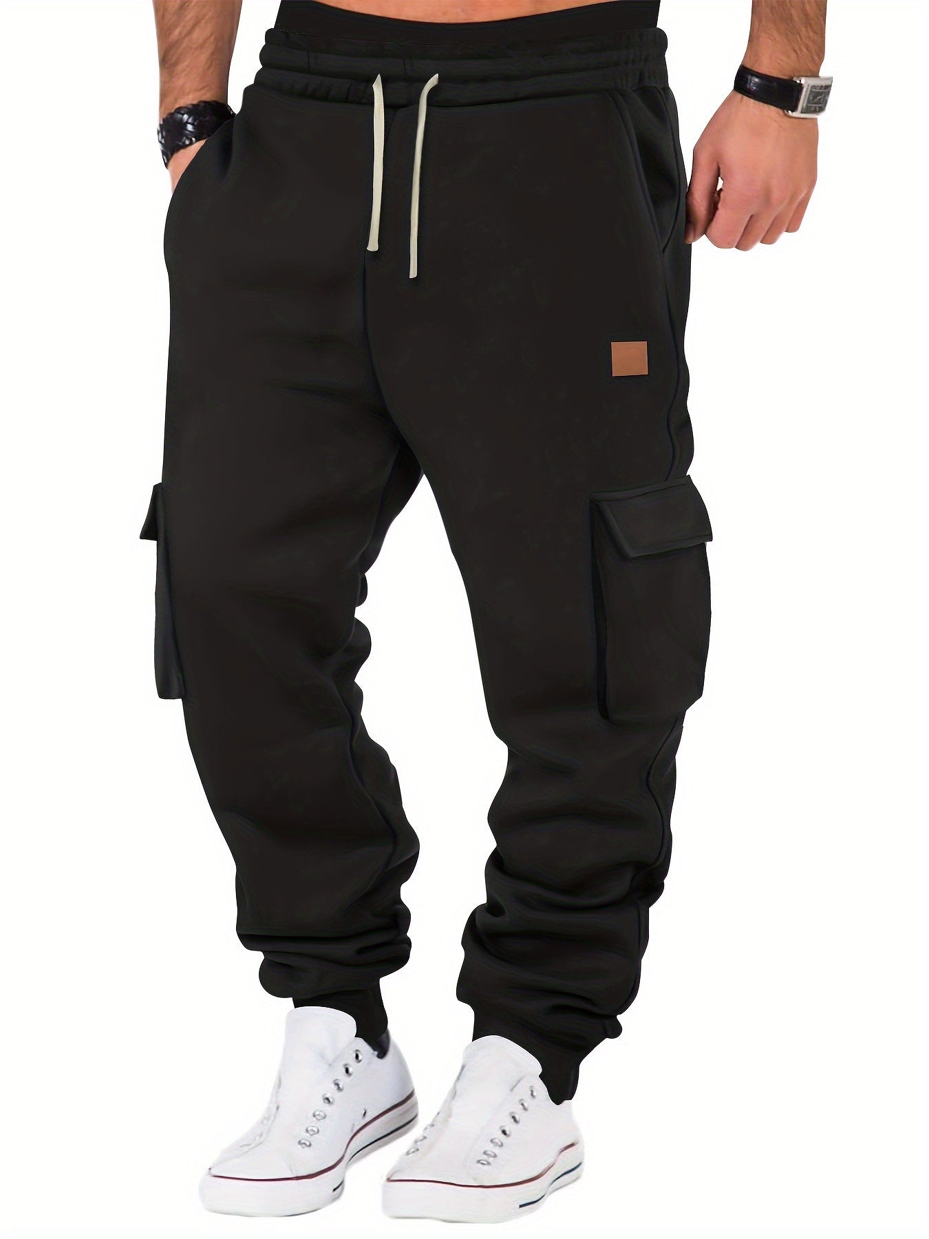 Men's Casual Thickened Warm Jogger Cargo Pants with Drawstring Waist, Cotton-Poly Blend, Solid Color, Medium Stretch, Drawstring Details, Knit Fabric, Loose Fit, for Sports & Outdoor Activities - Fall/Winter Collection