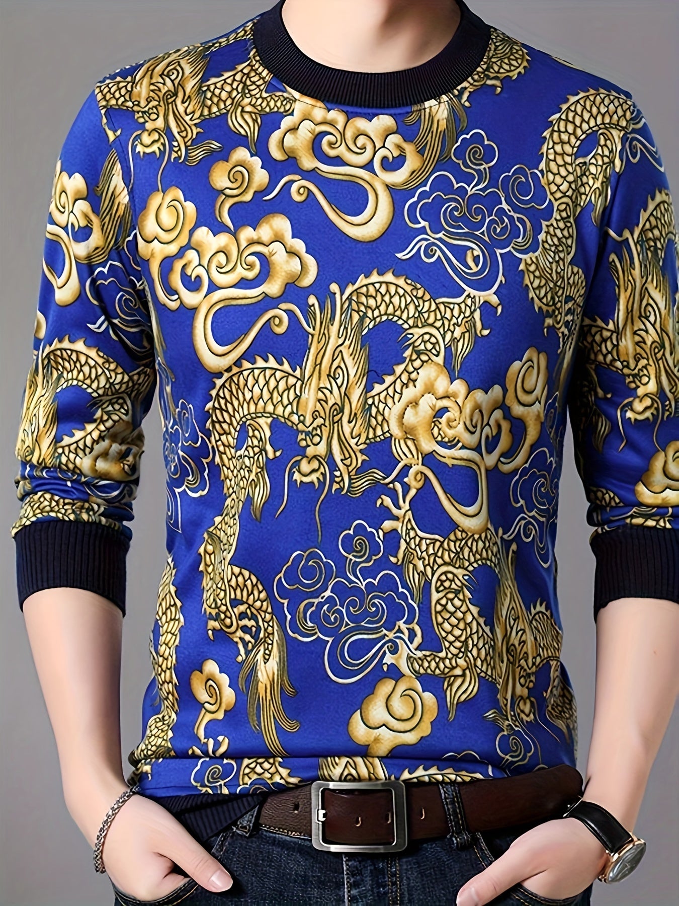 Men's Cozy Fleece-Lined Dragon Print Sweater - Casual Crew Neck Pullover for Fall/Winter, Machine Washable