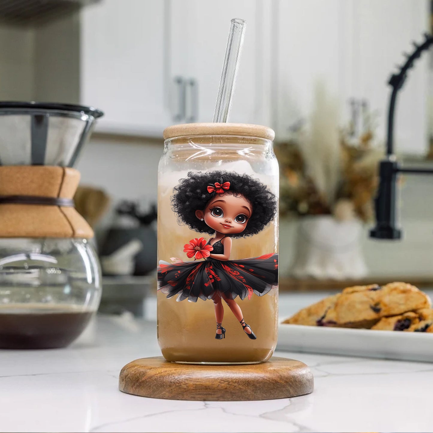 16oz Gothic Ballerina-Themed Glass Tumbler with Lid & Straw - UV-Printed, Perfect for Iced Coffee & Beer, Ideal Christmas & Valentine's Day Gift, Handwash Only, PVC-Free, Festive Holiday Party Favor