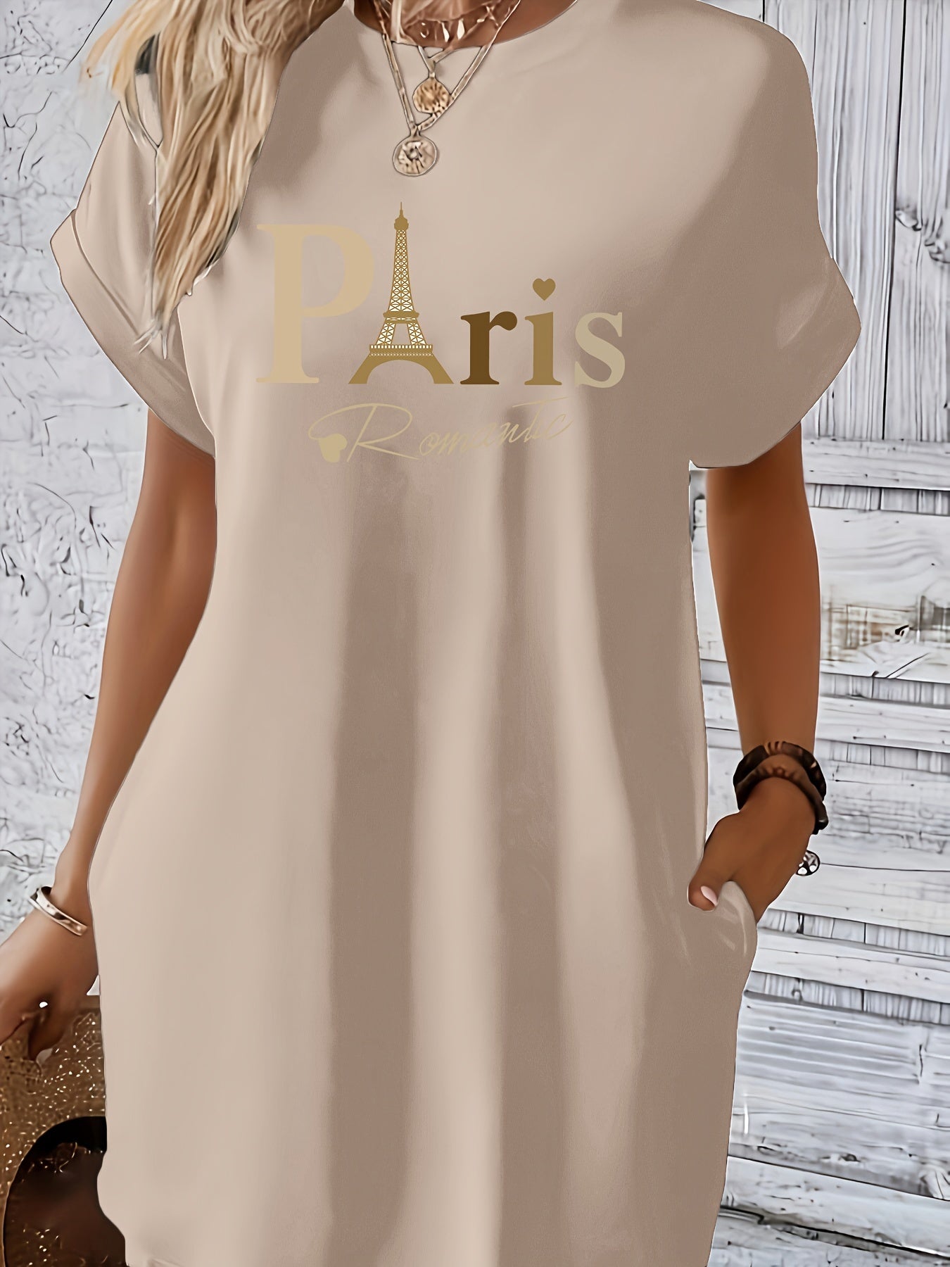 Paris Print Crew Neck Dress, Casual Short Sleeve Dual Pockets Loose Fit Dress For Spring & Summer, Women's Clothing