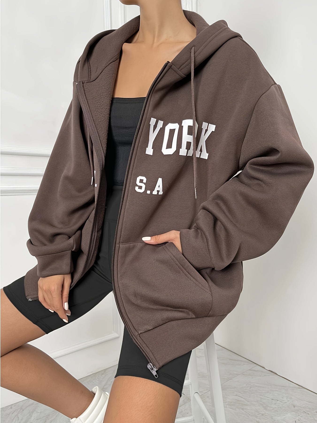 Letter Print Hoodie With Pocket, Casual Zip Up Long Sleeve Drawstring Hooded Jacket, Women's Clothing