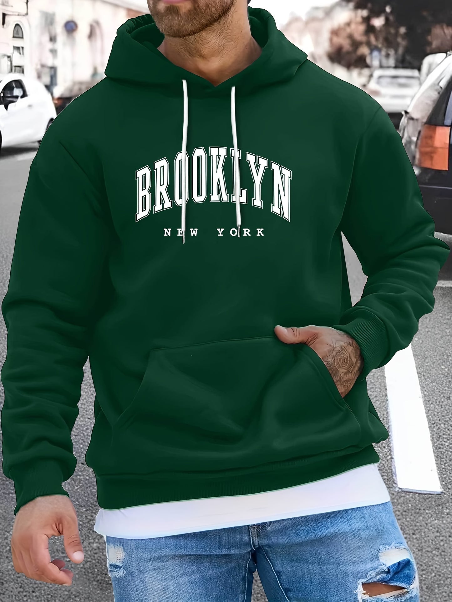 Men's  BROOKLYN Print Long Sleeve Hoodies, Warm Drawstring Hooded Sweatshirt, Comfy Men's  Clothing For Autumn And Winter