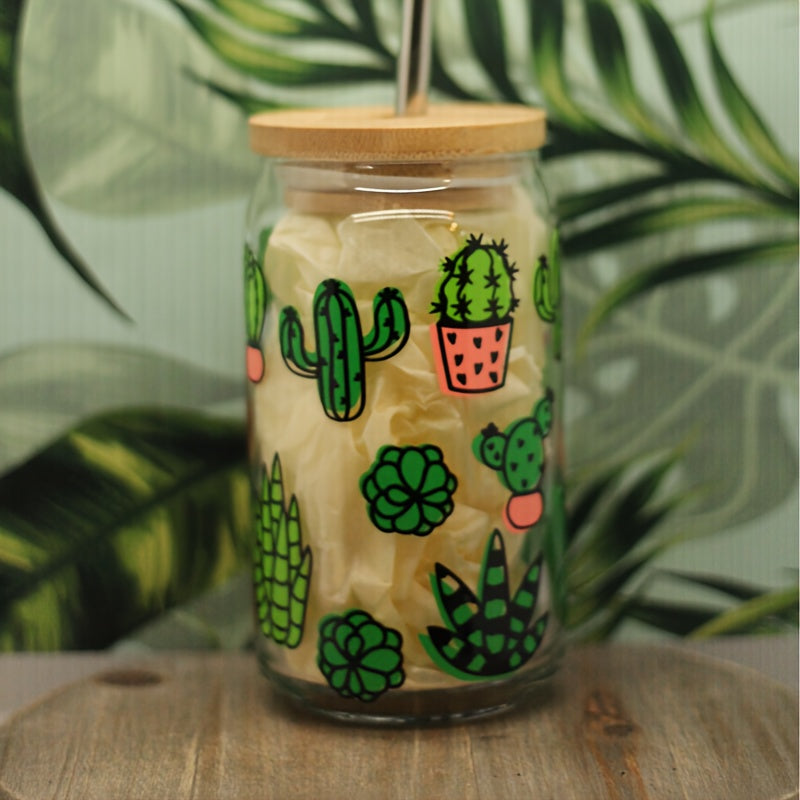 Charming Cactus 18.7oz Glass Tumbler with Bamboo Lid & Straw - Perfect for Coffee, Juice & Cold Drinks - High-Quality, Reusable, Leakproof - Ideal Christmas Gift