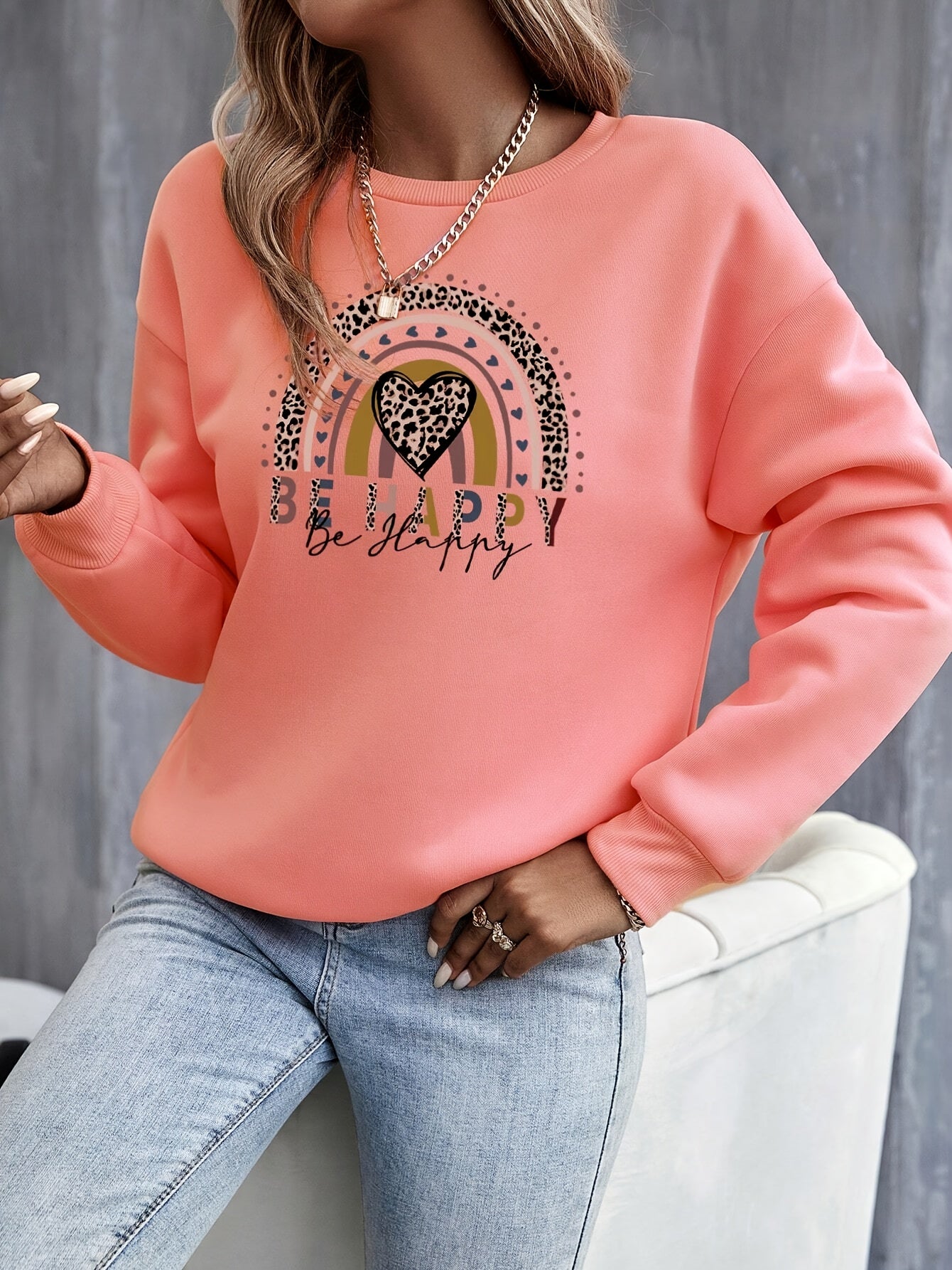 Elegant Women's Sweatshirt with Geometric Rainbow and Heart Design, Polyester Knit Fabric, Round Neck, Fashion Print Hoodie for All Seasons