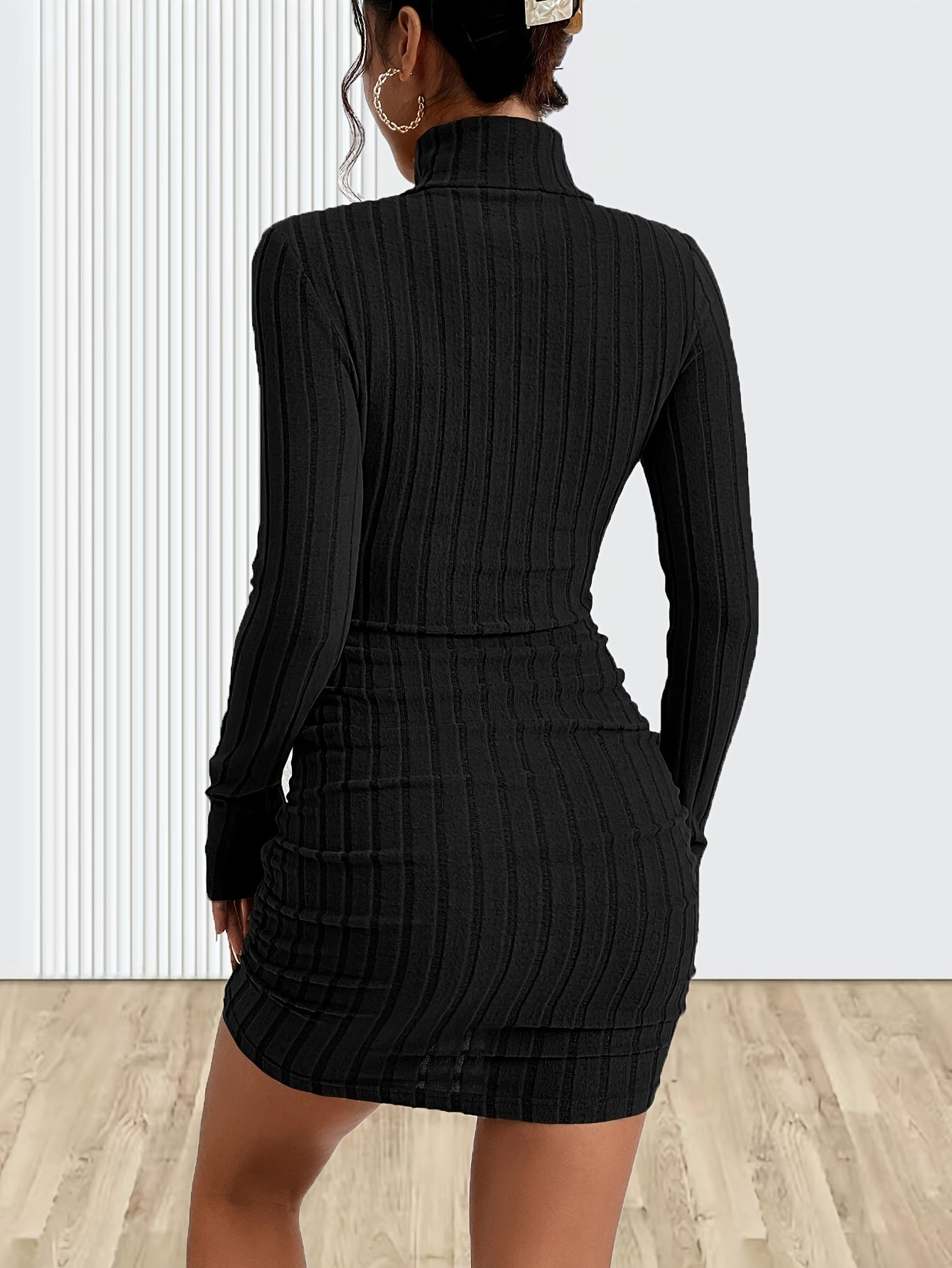 Ribbed Bodycon Turtleneck Dress, Elegant Long Sleeve Solid Dress, Women's Clothing