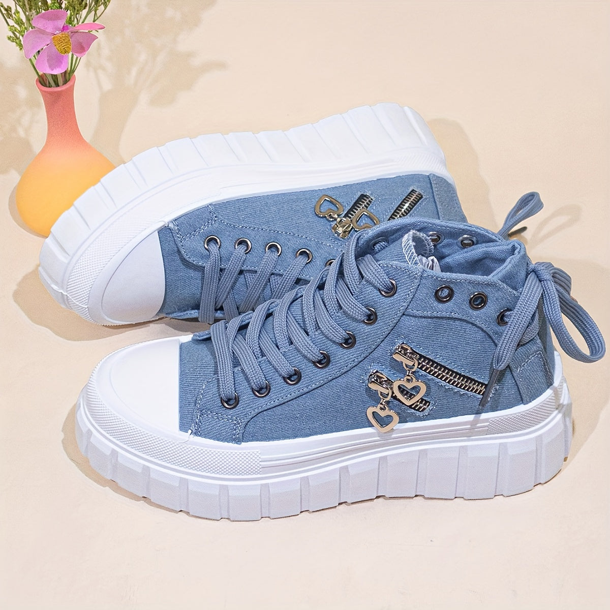 Women's Solid Color Sneakers, Lace Up Comfy Platform Heart Zipper Skate Shoes, Lightweight Low-top Canvas Shoes