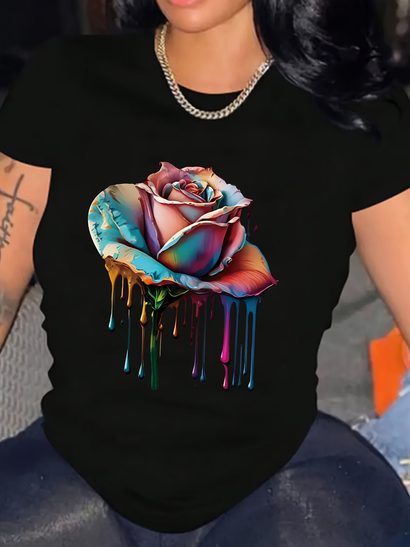 Rose Print Crew Neck T-shirt, Casual Short Sleeve Tee For Spring & Summer, Women's Clothing