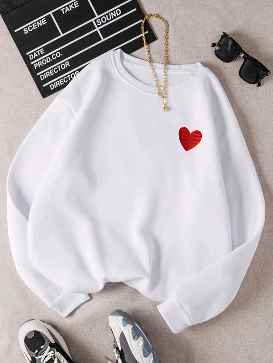 Women's Fashion Sweatshirt with Heart Embroidery, Casual Round Neck, Polyester Knit, All-Season, Fashionable Pullover Hoodie