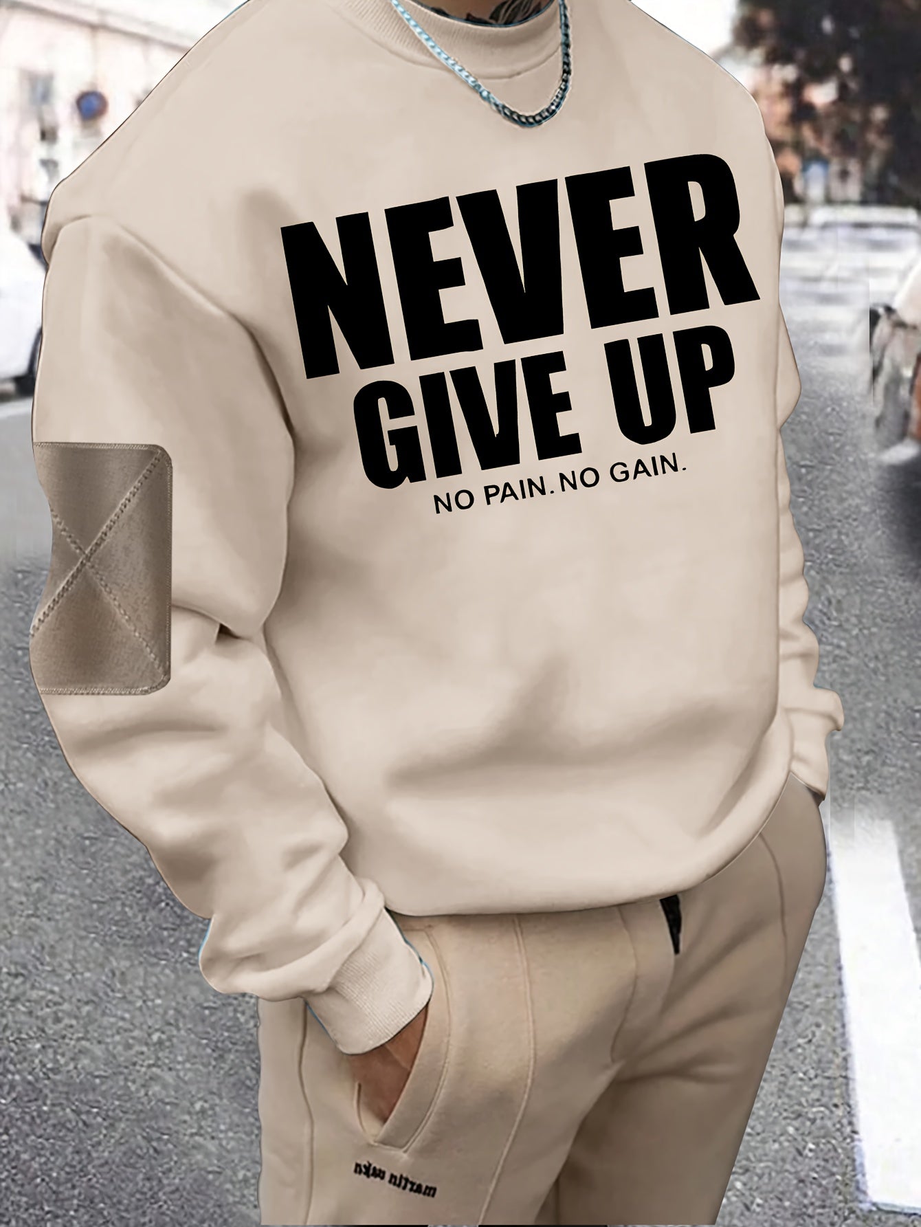 Stylish Men's Cotton Blend Sweatshirt with English Letter Print - Casual Round Neck Pullover, Machine Washable