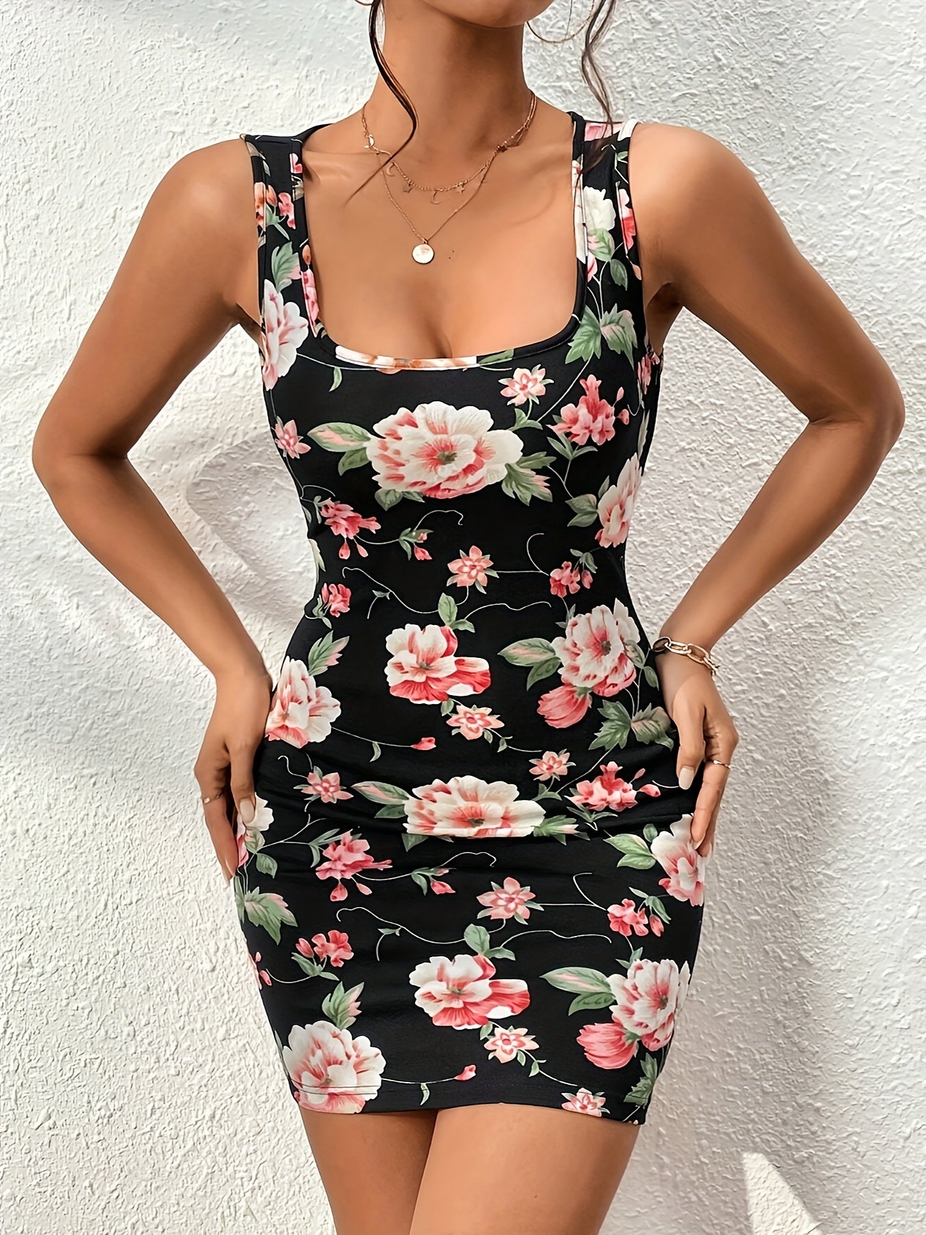 Floral Print Tank Bodycon Dress, Elegant Square Neck Sleeveless Dress, Women's Clothing